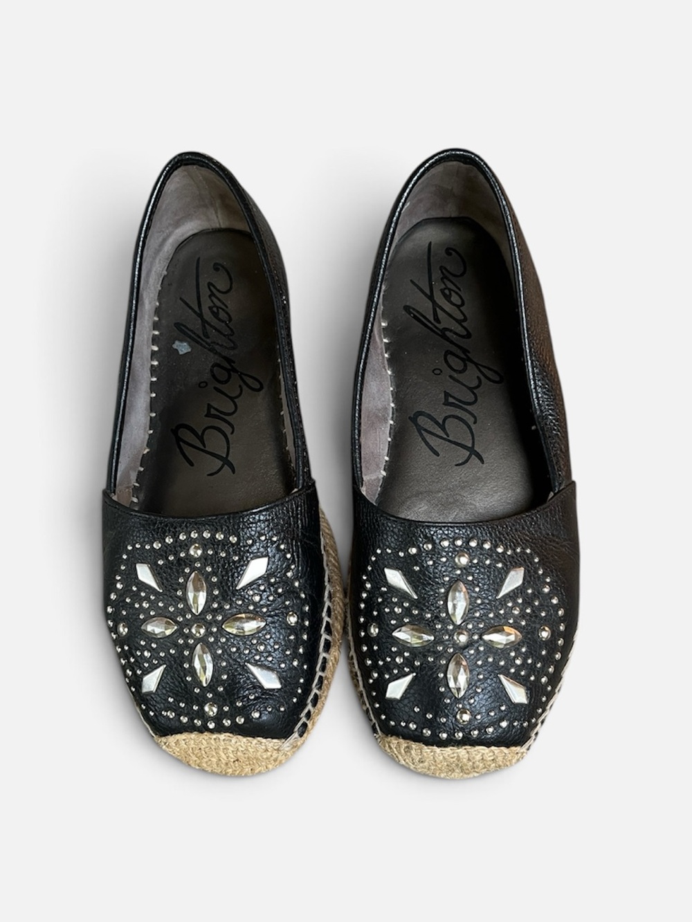 Brighton Jett Leather Studded Espadrille Moccasin Flat in Black Size 6